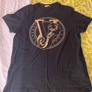 Versace Black Short-Sleeve Tee with Gold Logo Medallion
